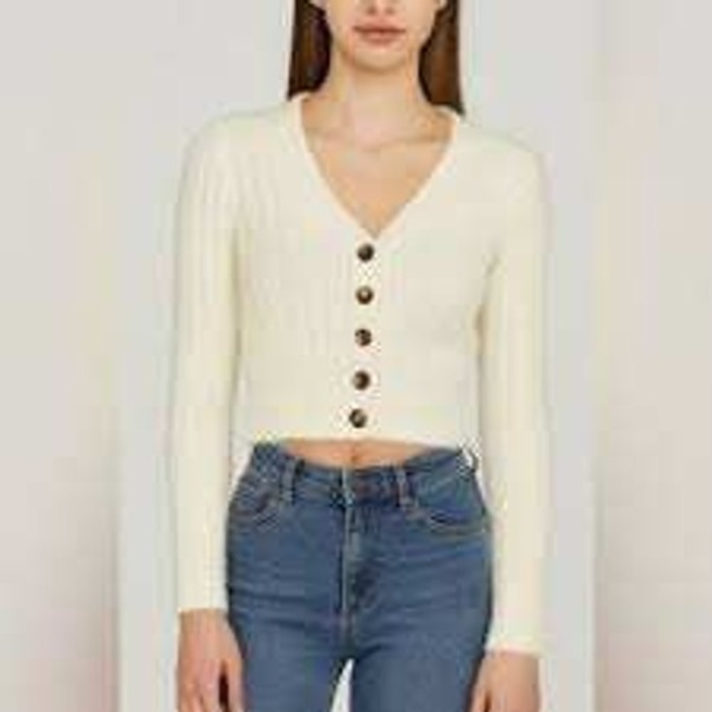 Urban Outfitters Womens Cream Fuzzy Ribbed Cropped Cardigan Sweater Small V-Neck